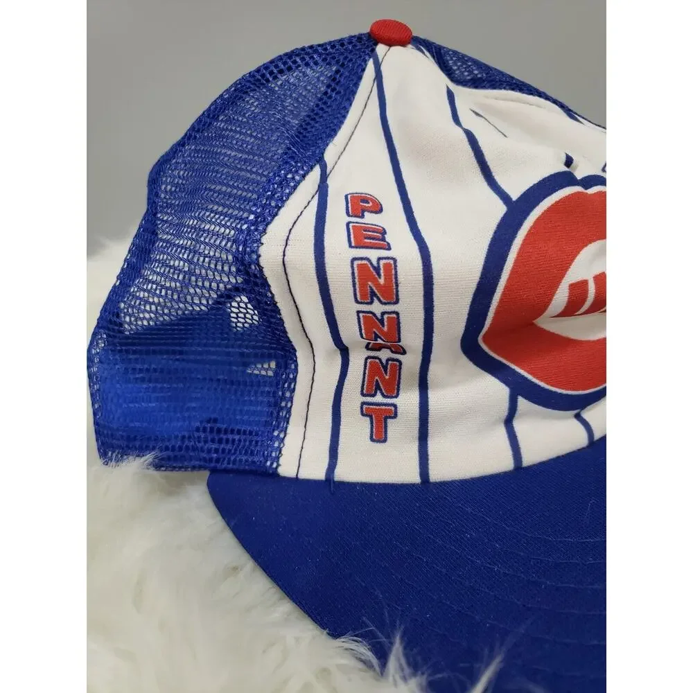 VINTAGE 90s Rare Chicago Cubs Pennant Fever Blue/White Striped Mesh Snapback Hat